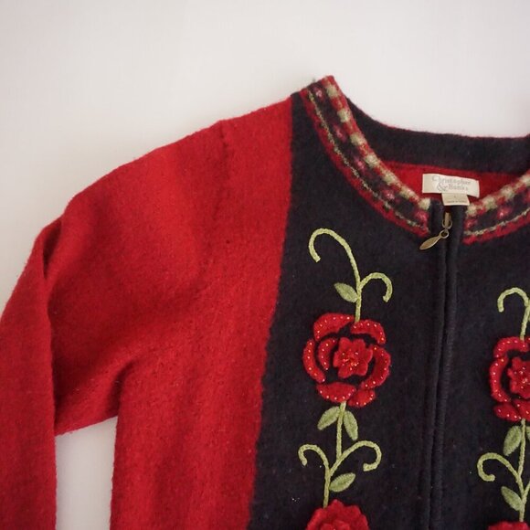 Vintage Christopher Banks Red Knit Floral Beaded 100% Wool Zip Up Sweater L - Picture 10 of 12